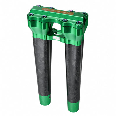 SuperGear RF7 12 inch straight risers with matte forged carbon finish in Viper Green, CNC billet aluminum construction for Harley Touring, Road Glide, Street Glide, Performance Bagger, and custom Harley builds.
