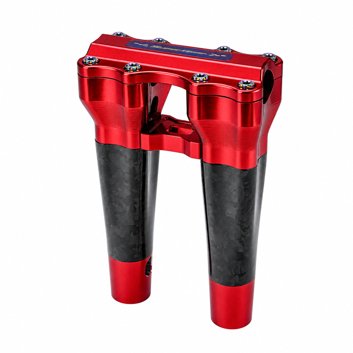 SuperGear RF7 8 inch straight risers with matte forged carbon finish in Daytona Red, CNC billet aluminum construction for Harley Touring, Road Glide, Street Glide, Performance Bagger, and custom Harley builds.
