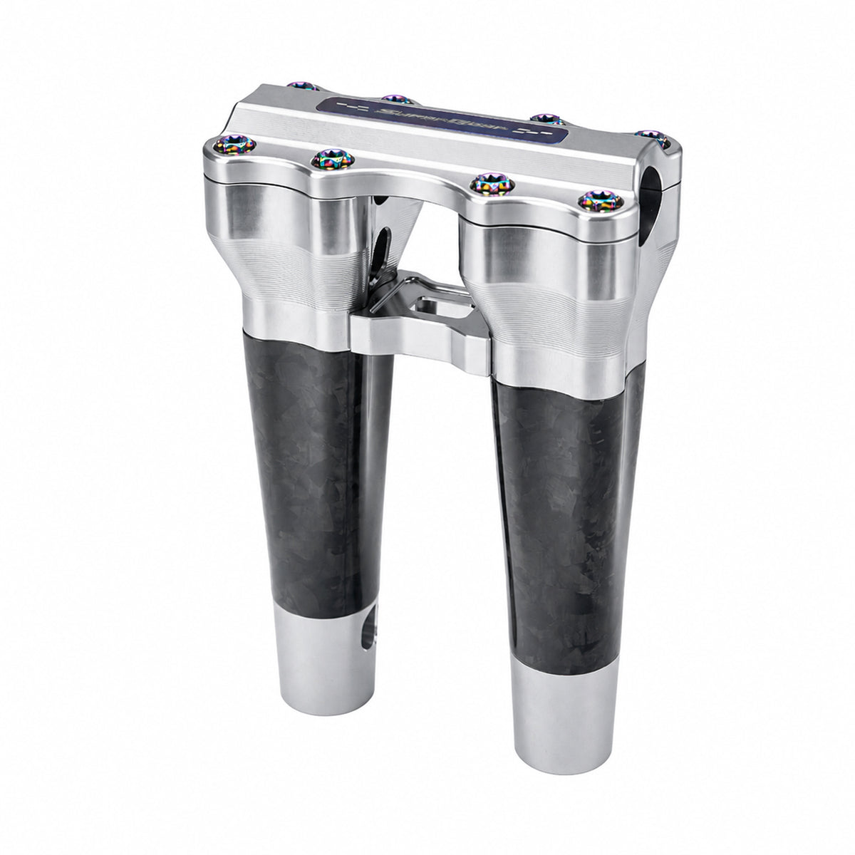 SuperGear RF7 8 inch straight risers with matte forged carbon finish in Ridgeline Silver, CNC billet aluminum construction for Harley Touring, Road Glide, Street Glide, Performance Bagger, and custom Harley builds.
