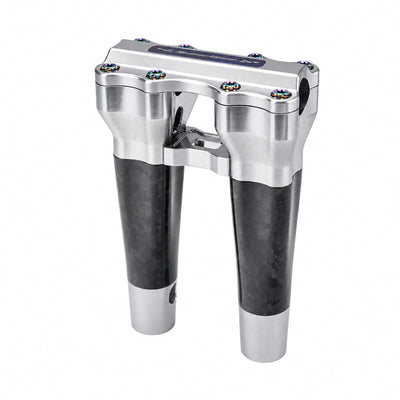 SuperGear RF7 8 inch straight risers with matte forged carbon finish in Ridgeline Silver, CNC billet aluminum construction for Harley Touring, Road Glide, Street Glide, Performance Bagger, and custom Harley builds.

