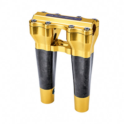 SuperGear RF7 8 inch straight risers with matte forged carbon finish in Champagne Gold, CNC billet aluminum construction for Harley Touring, Road Glide, Street Glide, Performance Bagger, and custom Harley builds.
