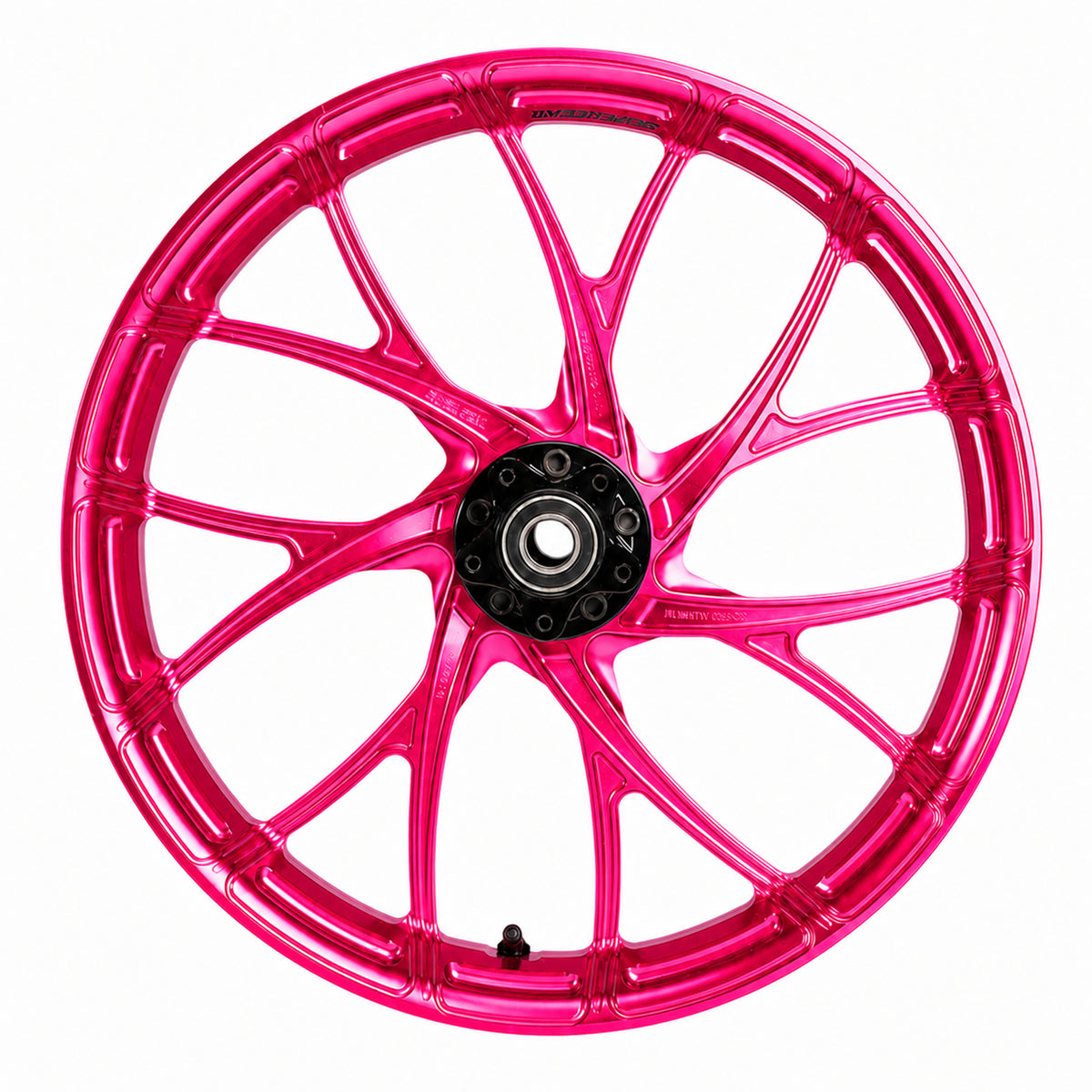 SuperGear 19 inch front wheel hub assembly for Harley Road Glide and Touring models, engineered with CNC precision machining and anodized finishes for custom bagger wheel upgrades.