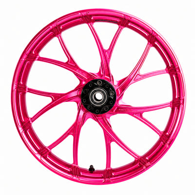 SuperGear 19 inch front wheel hub assembly for Harley Road Glide and Touring models, engineered with CNC precision machining and anodized finishes for custom bagger wheel upgrades.
